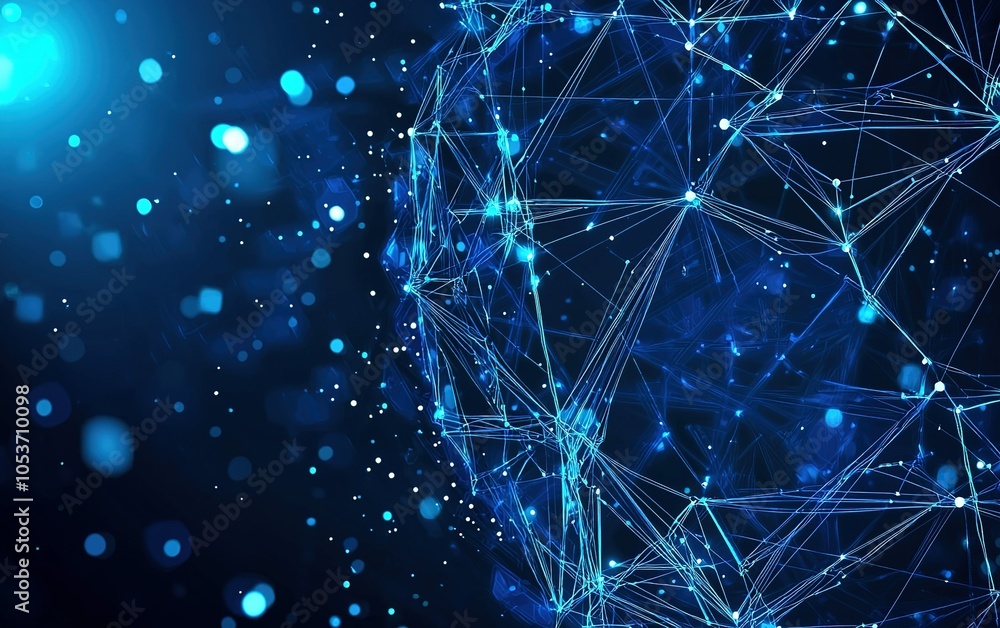 Poster a digital network visualization highlighting interconnected nodes and light patterns in a vibrant bl