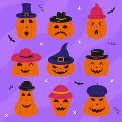 Scary Halloween pumpkin set stickers. A collection of hand drawn pumpkin with character face in different hat. Vector illustration