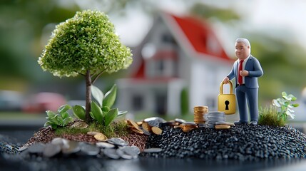 Miniature figurine representing a financial advisor securing investment accounts with a lock and key concept  3D digital showcasing a symbolic and metaphorical representation of financial security