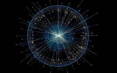 Visual representation of particle collision events illustrated with energy paths and particle trajectories against a dark backdrop