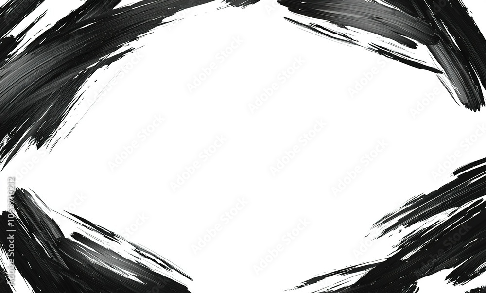 Poster dynamic black brush strokes framing a blank canvas on a white background, perfect for artistic expre