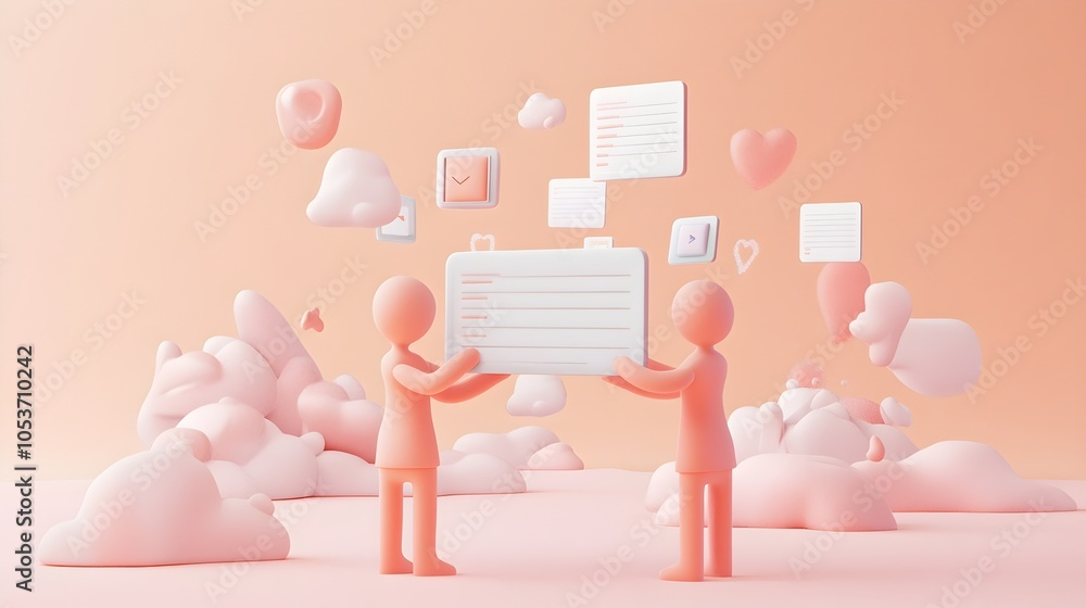 Aufkleber clay characters exchanging digital files via floating icons in pastel tones