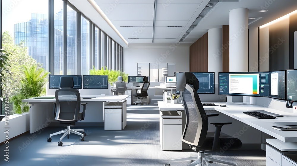 Poster efficient high-tech office with seamless digital file transfers between monitors