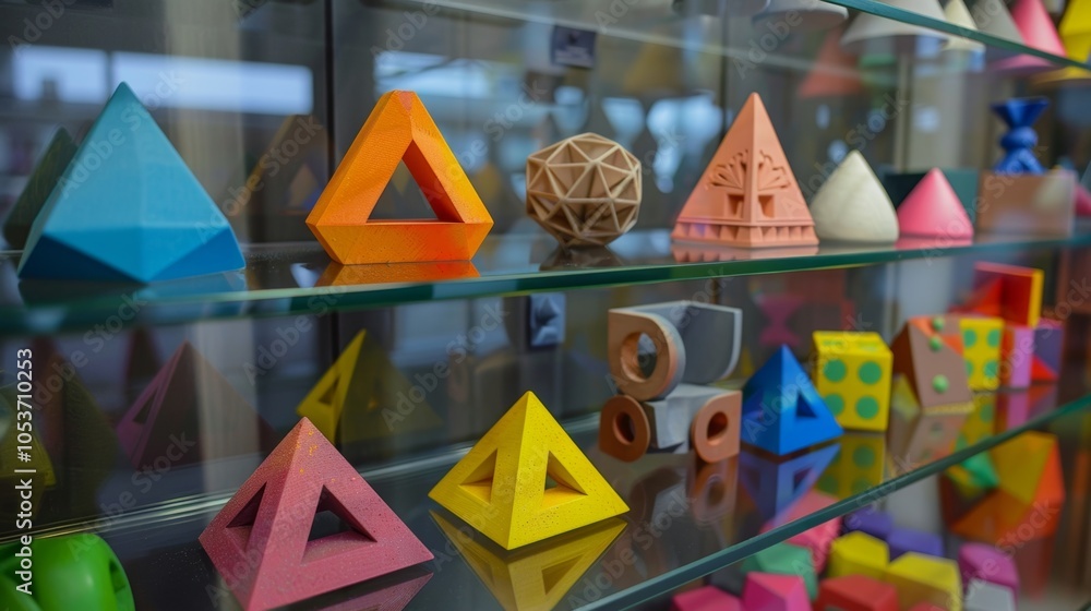 Poster different geometric shapes are standing on glass shelves, creating an interesting composition with t