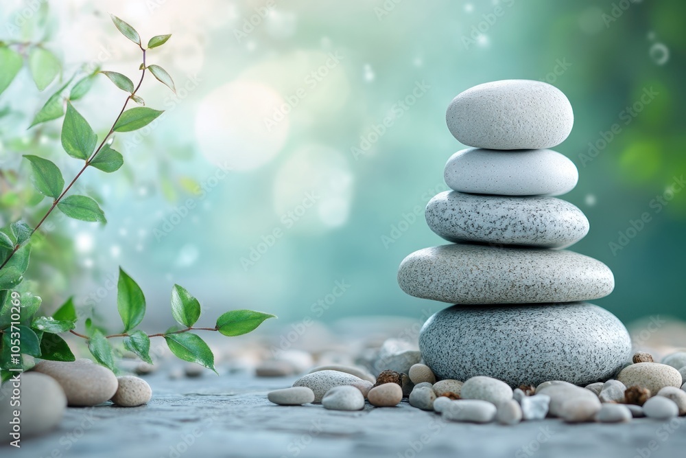 Poster tranquil arrangement of stones stack amidst serene greenery with soft bokeh background