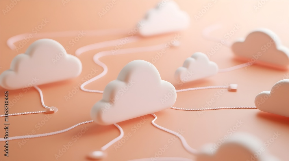 Poster minimal 3d clay cloud and file sharing icons connected by dotted lines