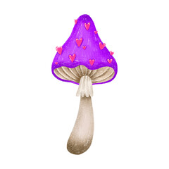 Fantasy magic violet mushroom with heart dots. Hand drawn illustration isolated on background