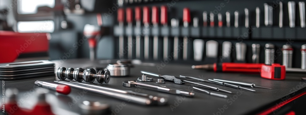 Poster precision tools array in contemporary workshop, showcasing meticulous arrangement of instruments in 