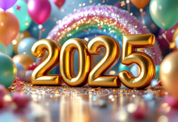 Happy new year 2025 typography greeting card, poster, banner with celebration elements. Happy new year walpaper.