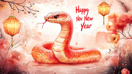 Obraz premium Chinese new year 2025. A snake with a traditional red Oriental lantern
