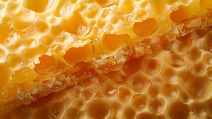 A close-up of a honeycomb, with the cells filled with golden honey. The honeycomb is textured and...