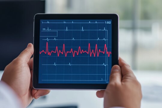 Heart rate monitor display on tablet, digital health technology concept.