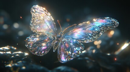 3D crystalline butterfly shimmering with colors on a dark background, elegant and mystical.