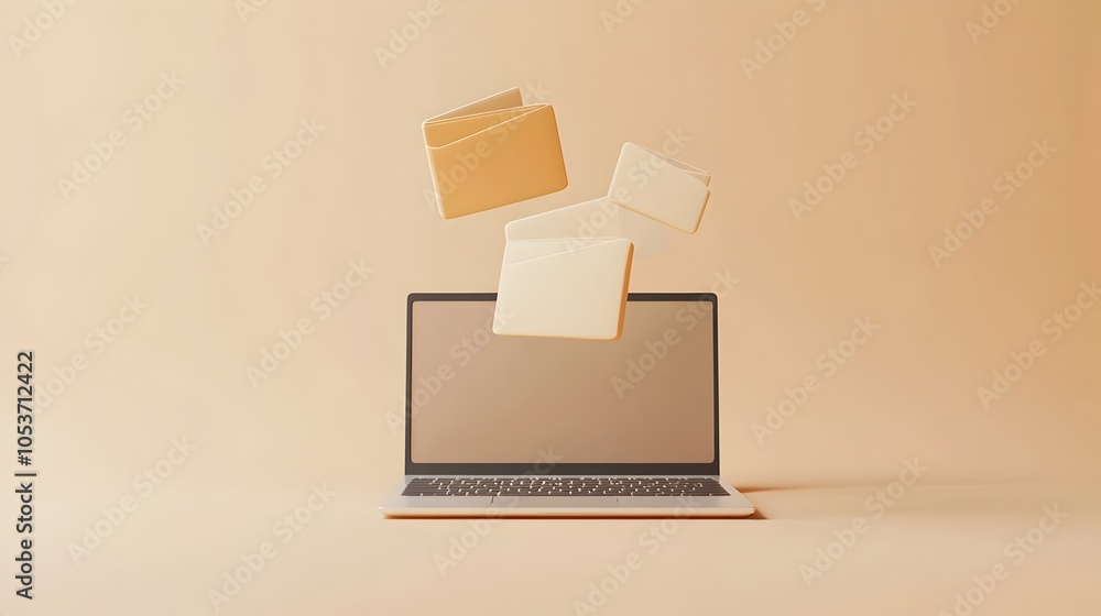 Poster minimalist 3d clay laptop with a floating digital file above