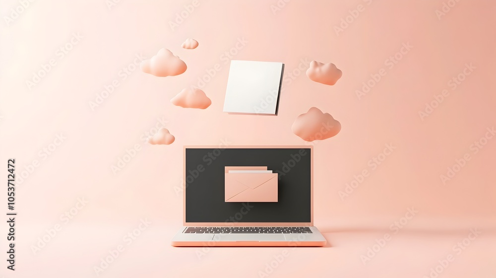 Poster minimalist 3d clay laptop with floating digital file above