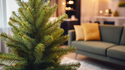 Close-up of a simple Christmas tree without decorations, in a cozy living room with a fireplace and a comfortable sofa.