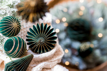 A banner or a beautiful background. Stylish paper and velvet Christmas tree toys in Scandinavian...