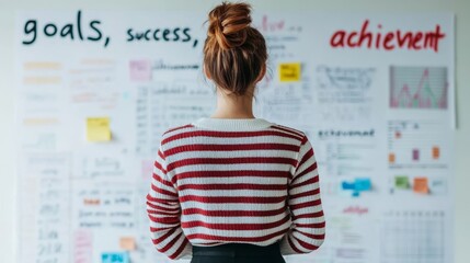 Fototapeta premium Woman reviewing goals and success charts on a wall, focused and determined.