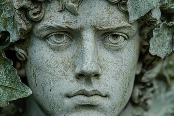 Fototapeta premium Weathered Stone Statue of a Man's Face with Leaves