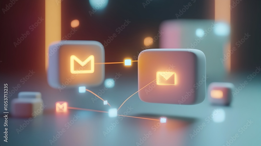 Poster floating file icons between connected devices with glowing line in 3d clay aesthetic