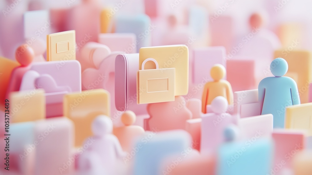 Poster collaborative digital workspace with floating file icons and pastel clay figures