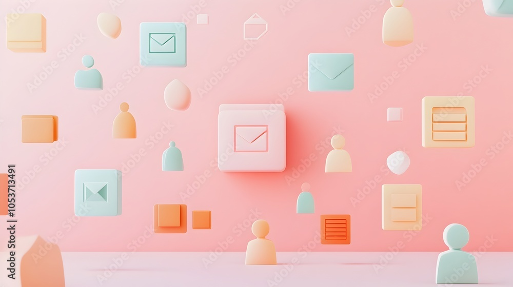 Poster group of clay figures surrounded by floating file icons in pastel tones