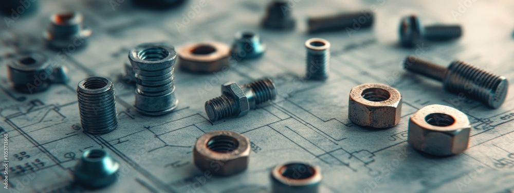 Poster nuts and bolts on blueprint, intricate arrangement showcasing engineering precision, highlighting th