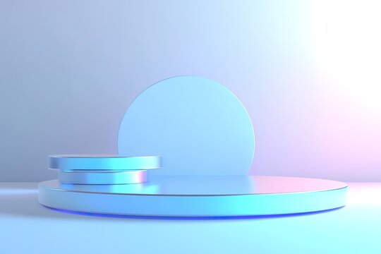 Minimalistic blue podium for product display with neon light - Powered by Adobe