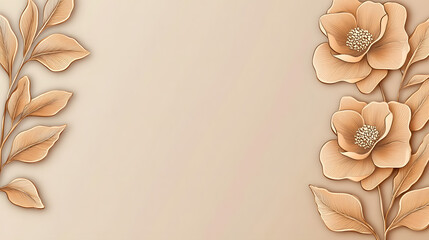 Golden Floral Design: Minimalist Beige Background with Flowers and Leaves