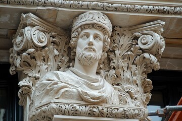 Stone Sculpture of a Crowned Man's Bust on an Ornate Building Facade