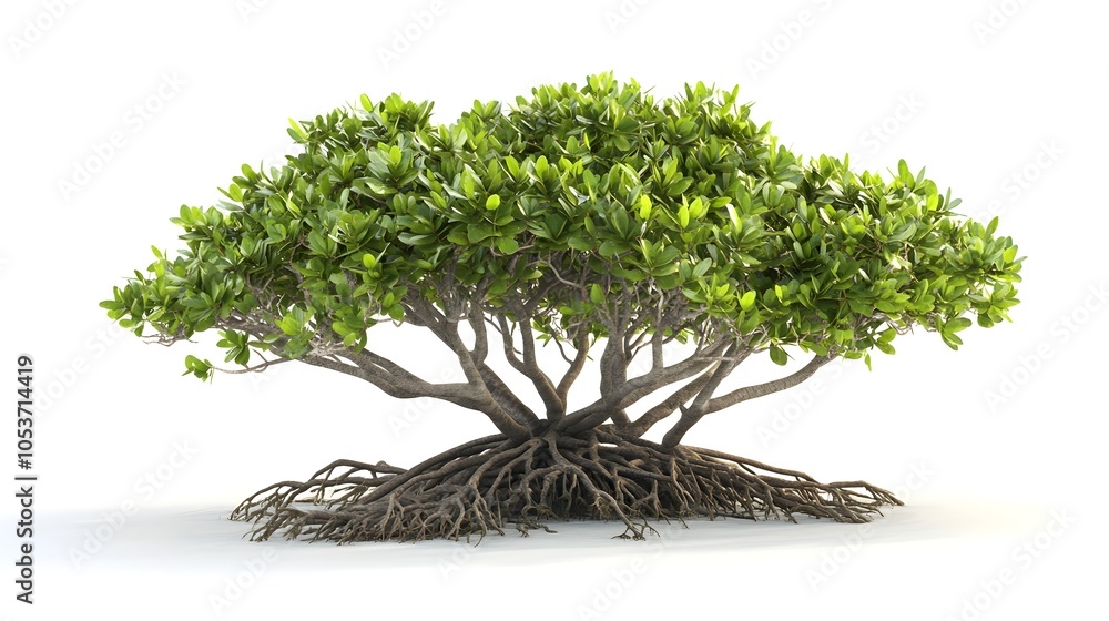 Poster detailed 3d rendering of a majestic mangrove tree with intricate roots and lush foliage,isolated on