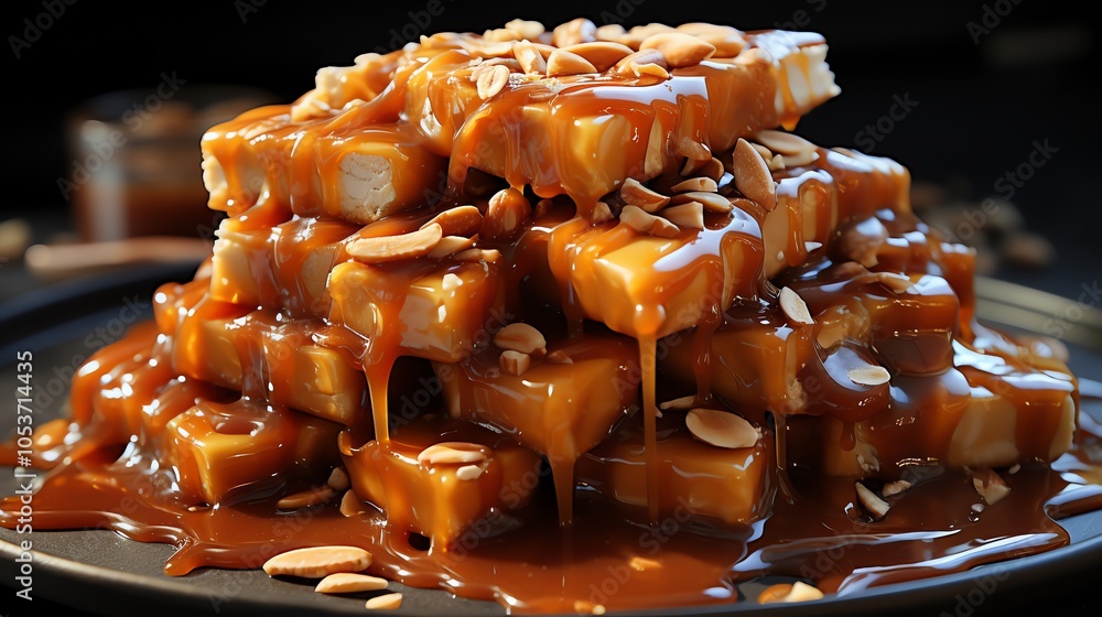 Poster a close-up of a stack of caramel candies topped with almonds and drizzled with caramel sauce.