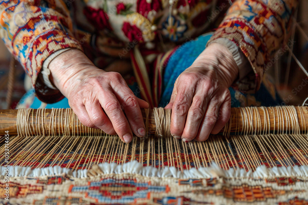 Poster weaver actively working on a colorful tapestry using a traditional wooden loom generative ai image