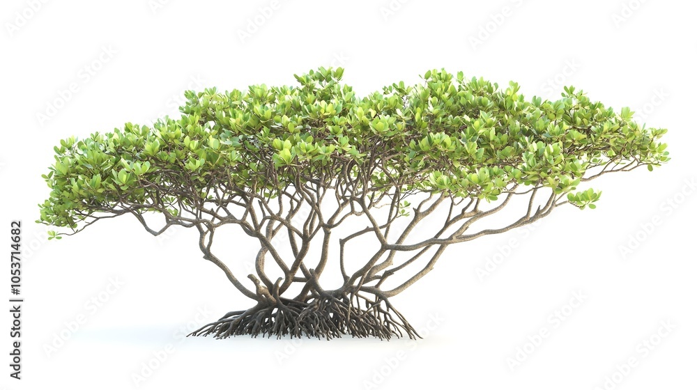 Poster elegant mangrove tree with visible aerial roots and sparse branches on white background