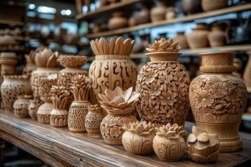 Fototapeta premium Intricately Carved Wooden Vases and Decorative Items