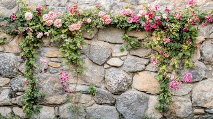 Naklejka premium Stone Wall with Pink Roses