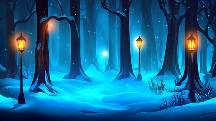 Three Lampposts Illuminating a Snowy Forest at Night