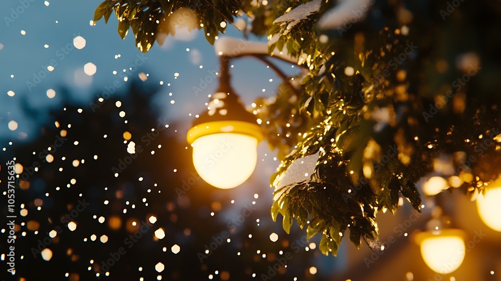 Poster snow falling on a snowy tree branch with a streetlight in the background