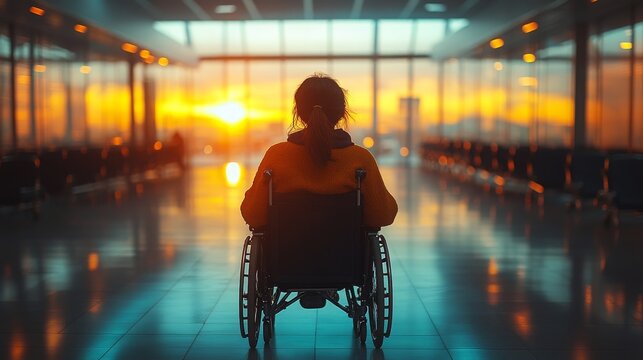 A wheelchair user engages with a legal team during sunset in a modern office setting