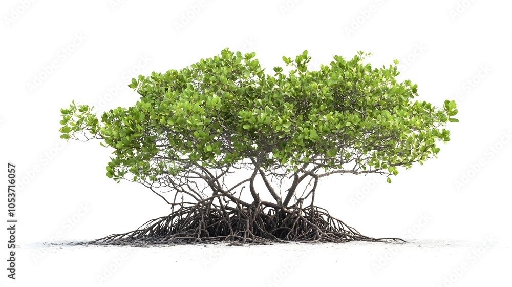 Poster lush mangrove tree with intricate root network on clean white background