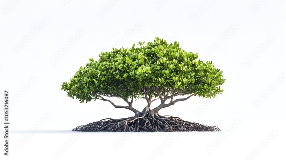 Poster minimalist mangrove tree with intricate root network on white background