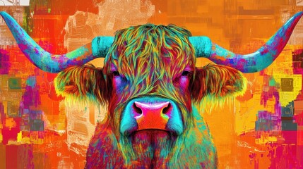 Obraz premium Abstract Scottish Highland cow, colorful horns in vibrant art style, playful and bold design