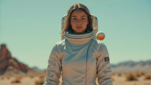A futuristic astronaut woman with blonde hair stands on a desolate, alien desert landscape surrounded by large, hovering spheres. She wears a sleek, high-collared white spacesuit, looking intently ahe
