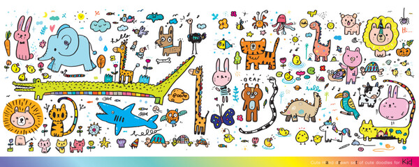 Obraz premium Collection of hand drawn cute doodles,Doodle children drawing,Sketch set of drawings in child style,Funny Doodle Hand Drawn,Page for coloring, cute animal hand drawn, cute Doodle