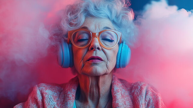 Elderly Woman Listening To Music In Smoky Pink Background With Blue Headphones