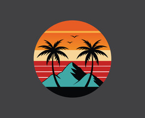 Retro Sunset Mountain with Palm Trees Silhouette T-Shirt Design