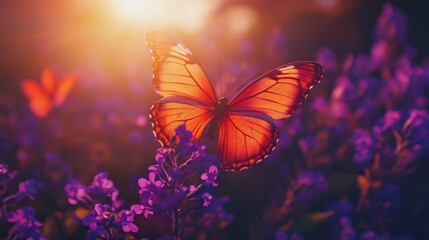 Aerial view of a butterfly among violet flowers, bathed in sunset hues, capturing nature's elegance.