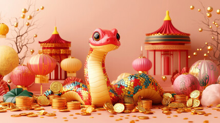 Chinese new year 2025. A snake with a traditional red Oriental lantern