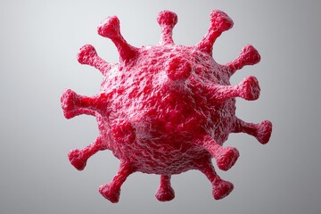 3D illustration of a red virus particle with a detailed surface, highlighting its structure and composition against a gray background.