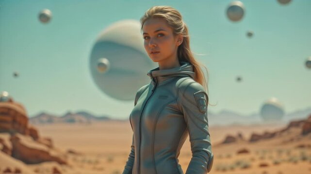 A futuristic astronaut woman with blonde hair stands on a desolate, alien desert landscape surrounded by large, hovering spheres. She wears a sleek, high-collared white spacesuit, looking intently ahe